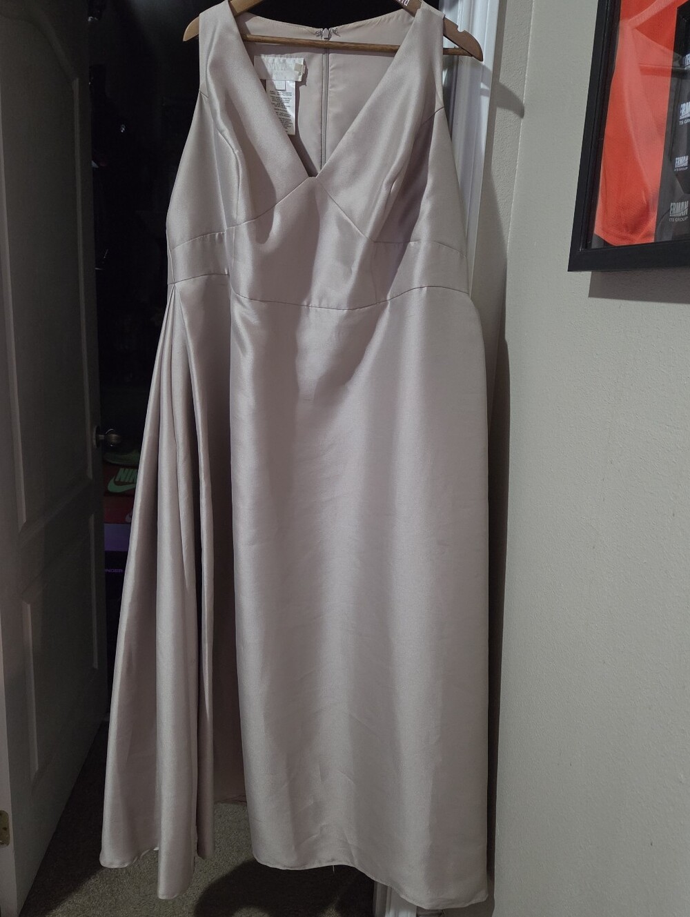David's Bridal Asymmetrical Satin V-Neck Dress in Light Taupe
